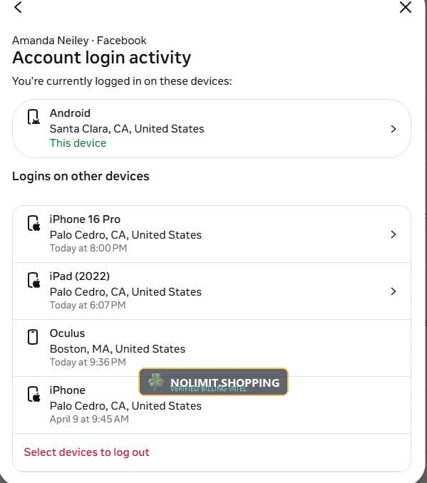 Facebook Account Login Activity — Authorized Device Sessions and Geo-Location Audit