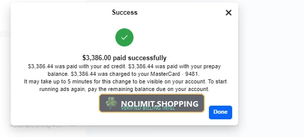 Meta Ads Payment Activity — Commercial MasterCard $3,386.44 Cleared Settlement